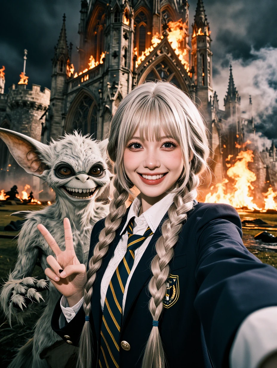 Caucasian Innocent Beautiful College Girl (18 years old) wearing a White lace shirt, navy and yellow tie, navy blazer dress with Ultra-long platinum-blonde glossy hair sectioned into two long fat braids has a radiant smile while taking a candid selfi
