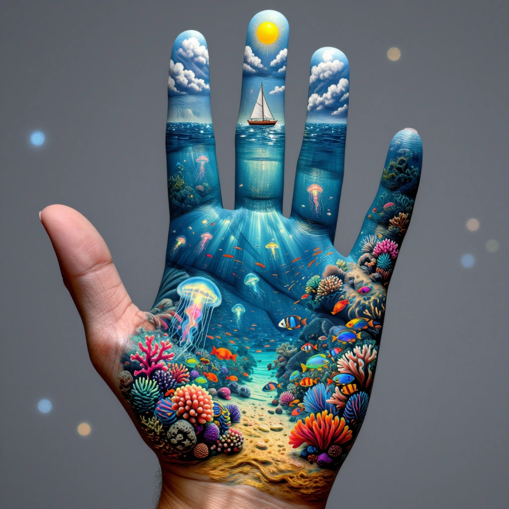 A hyper-realistic close-up of an open human palm, serving as a canvas for an intricate, continuous mural of an entire ocean ecosystem. The background is bokeh shimmer and gray. Everything is painted directly onto the hand, in evenly distributed layer