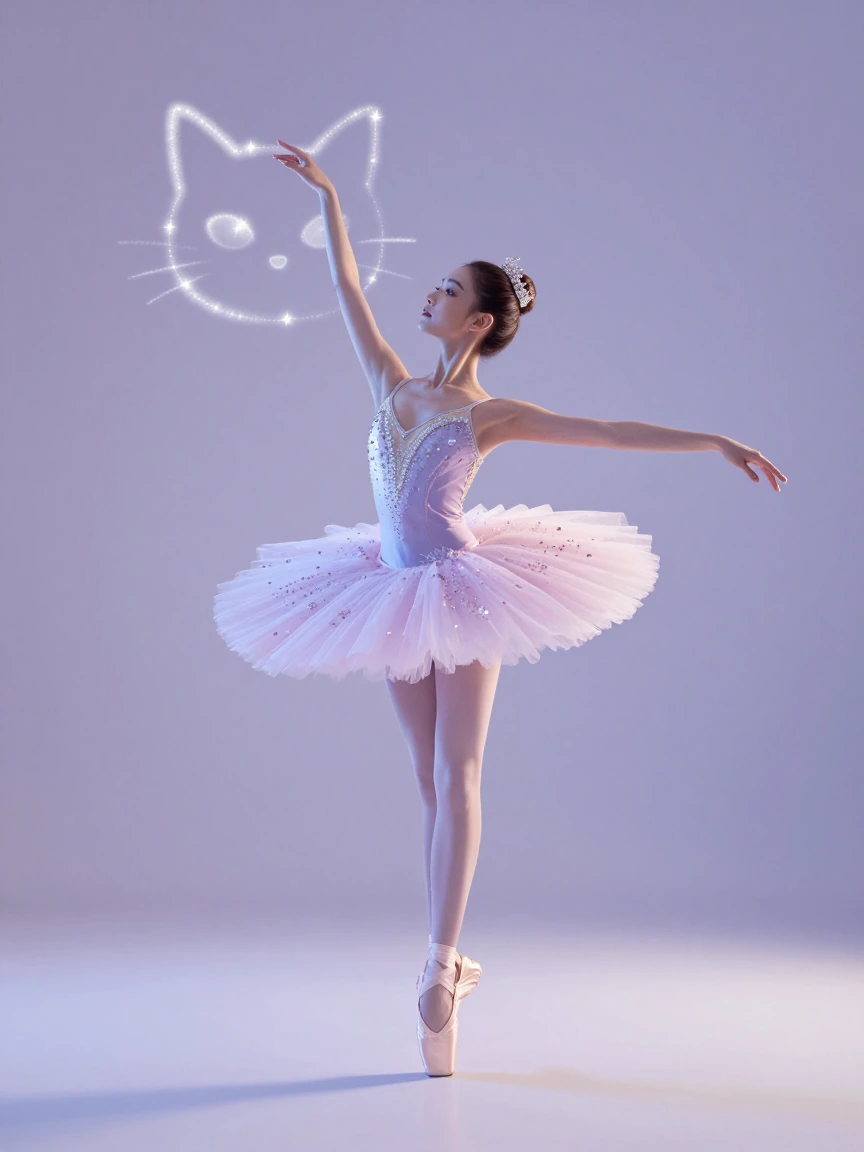 Cyborg ballerina, beautiful pastel, cat made out of stars