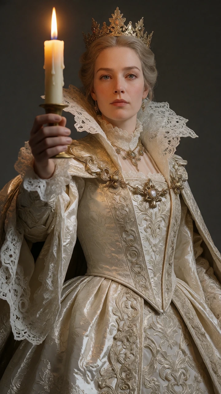 An interactive, fullâbody, photoreal 3D model of an adult queen in a bold, dramatic, suggestive yet nonâexplicit and glorious pose, holding a single candle. Anatomy and expression: lifelike face with microâexpressions, natural skin pores, subtle asym