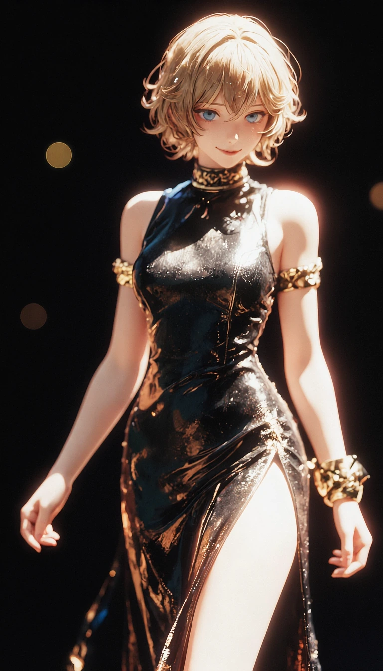 a digital drawing in an anime style, featuring a young woman with a fair complexion and short, wavy blonde hair. She has striking blue eyes and a gentle smile, she is wearing a sleek, black, sleeveless dress with a high neckline and a slit on the lef