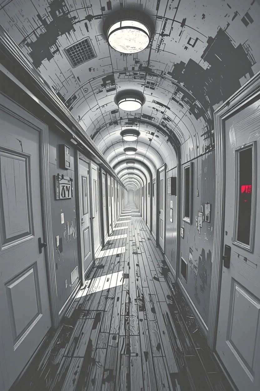 A hallway extending infinitely backward, each receding section an identical repeat of the last—same door, same window, same shadow—but subtly wrong: d