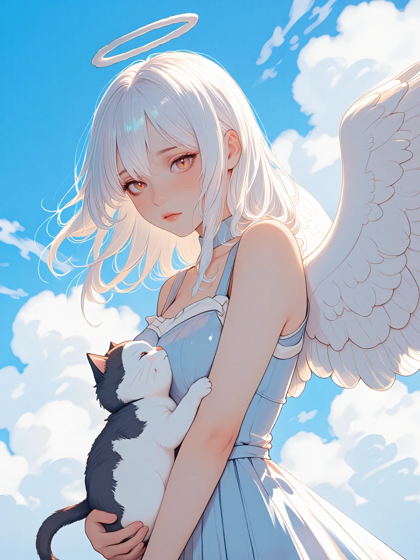 Prismatic, angel woman with a cat. Pastel.