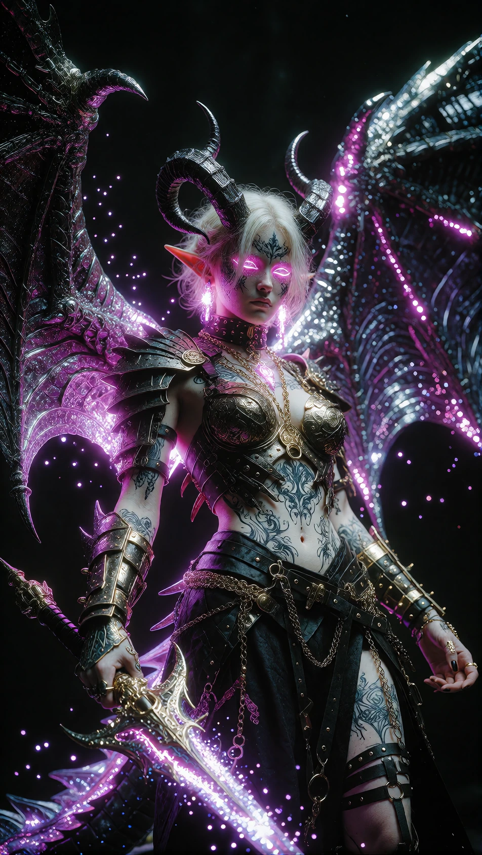 demonic fantasy woman with blonde and magenta hair, curved horns, intricate black tattoos covering body, leather and chain armor, glowing purple neon 