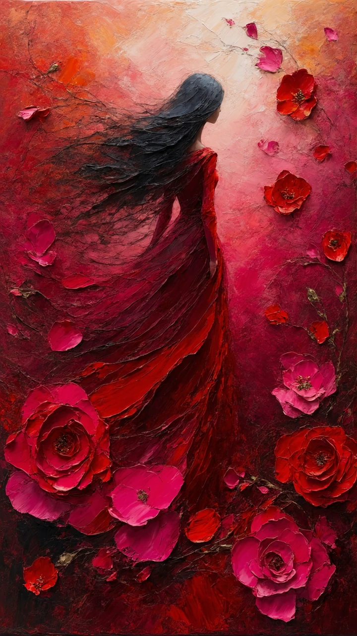 A stylized abstract impasto oil painting portrait of a serene, slightly melancholic woman with long flowing hair wearing a deep red dress, centered 3/4 view, soft downward gaze, dramatic ethereal mood; background filled with swirling oversized rose-l