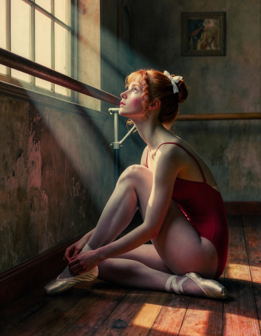Masterpiece, best quality, ultra-detailed portrait, vintage storybook illustration aesthetic, young woman in graceful repose seated on worn wooden floor of classical dance studio, bent forward unbinding white ballet slippers, positioned beside polish