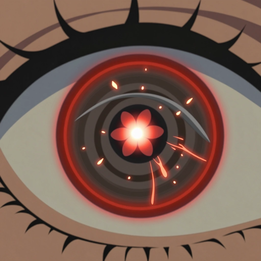 extreme close-up macro anime eye, hypnotic rotating scythe-shaped pattern inside the iris, subtle continuous swirl motion around the pupil, glowing crimson ring with a gentle spin, flower-shaped pupil slightly pulsing, fiery light traces flickering u