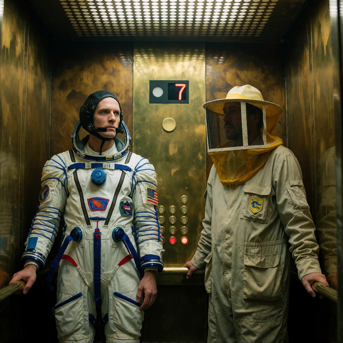 Two strangers in a small brass elevator — an astronaut in a full suit and a beekeeper in a full veil — both holding the railing, both looking straight ahead, floor indicator between them lit at 7. Fluorescent light, dead silence, documentary framing.