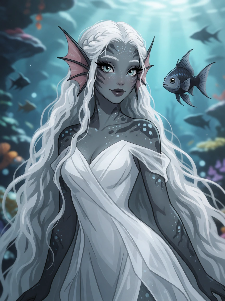 Beautiful fish alien girl with grey skin and white hair. She is wearing a flowing white gown. She has gills for ears and her hair is so beautiful and slinky. She is with her pet fish that floats in the air.