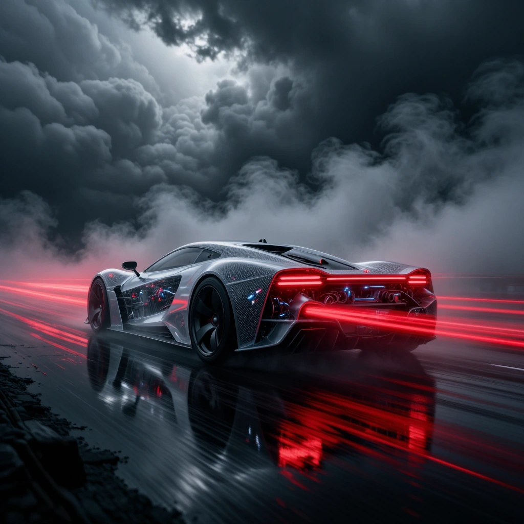 { "high_level_description": "A cinematic, low-angle shot of a futuristic hypercar with a translucent carbon-fiber body, revealing its complex mechanic