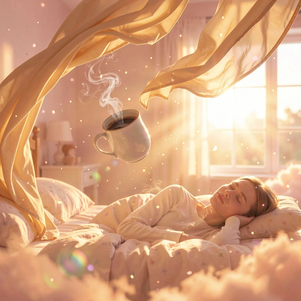 A surreal Monday morning transformed into a living sunrise, where the bedroom dissolves into warm amber and rose gold light rays, objects floating weightlessly in defiance of gravity—a coffee mug suspended mid-air trailing steam spirals, bedsheets bi