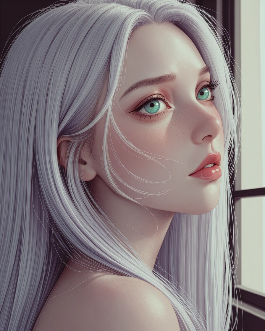 Ultra-detailed colored pencil portrait of a beautiful young woman with long silver hair and soft purple highlights, gentle side profile, one sparkling teal eye as focal point, delicate freckles, glossy lips, flowing hair strands across face, soft nat