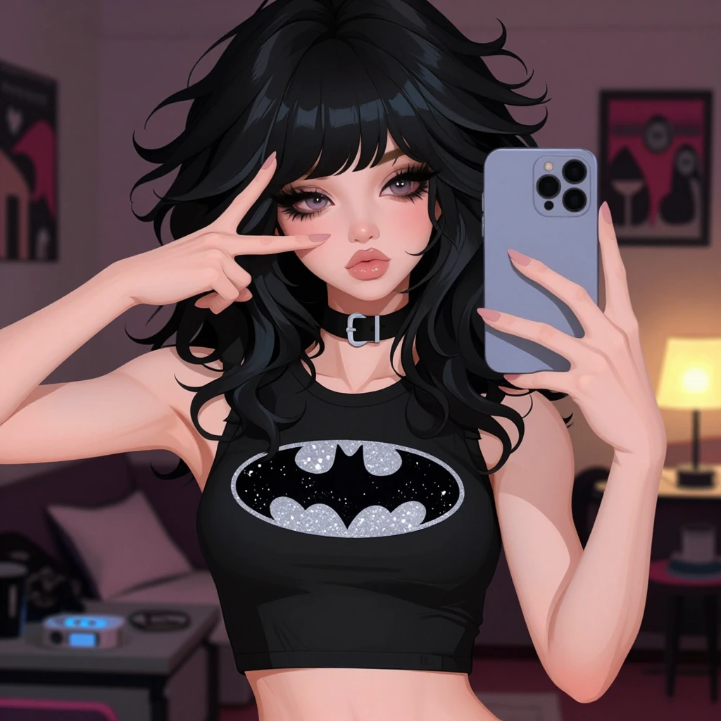 cute e-girl with black voluminous hair taking a mirror selfie in a dim bedroom, making a peace sign near her cheek, wearing a tight black crop top wit