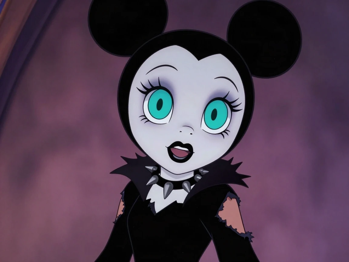 Minie Mouse, disney cartoon 1girl, pale skin, black lipstick, large aqua eyes, goth outfit, torn revealing black clothes, goth makeup, looking at viewer, she is wearing a necklace with iron spikes around her neck