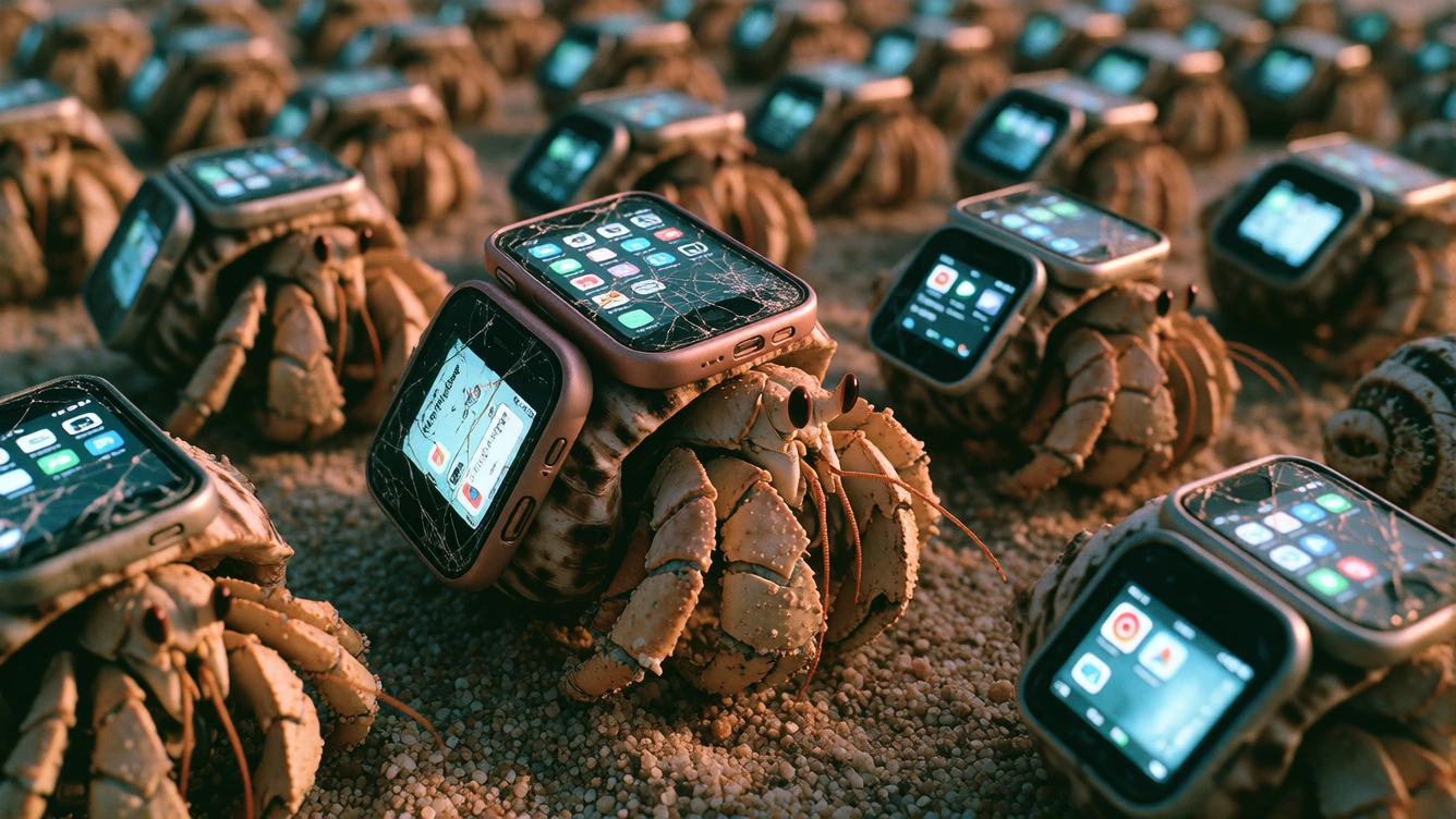 Beach at golden hour, hundreds of hermit crabs in a dense traffic jam, each wearing a cracked smartphone as its shell, screens still lit with notifications. One crab in a rosegold case is the focal point, antennae midturn. Macro wildlife photography,