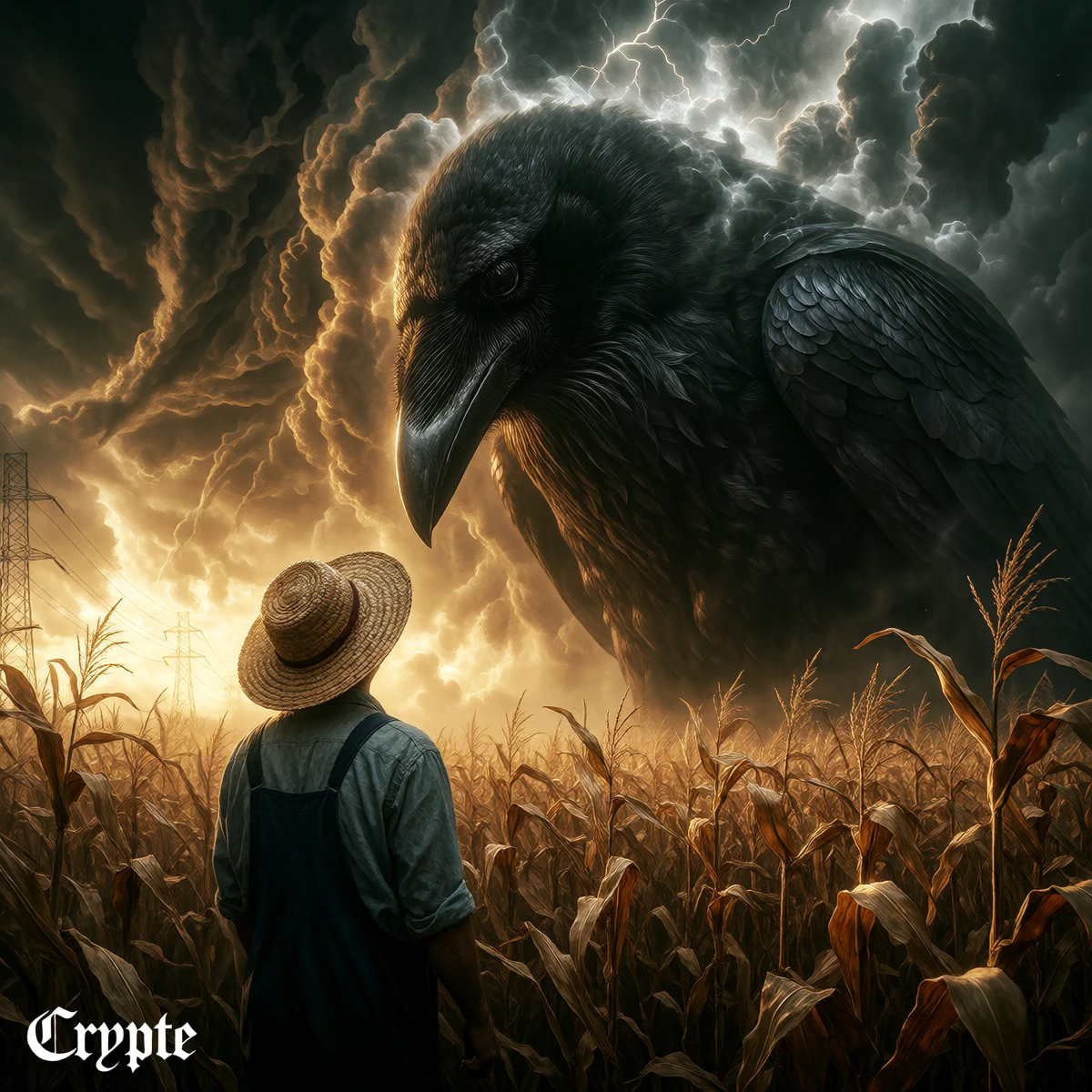 A surrealist and hyperrealist photograph depicting a vast field of harvested maize, in golden-brown hues, beneath a sky entirely filled with an apocalyptic and turbulent cloud formation, characteristic of a ‘supercell’ storm. In the foreground, a col