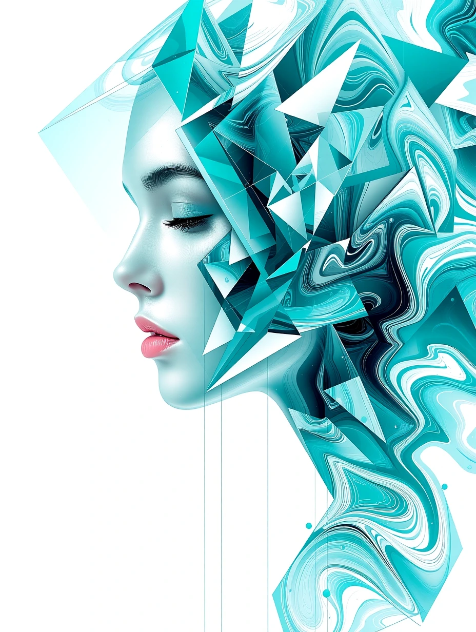 # Geometric Portrait in Turquoise This striking digital artwork features an abstract portrait composed of translucent, geometric triangular shapes in varying shades of teal, turquoise, and white. The figure's profile emerges from layered, overlapping
