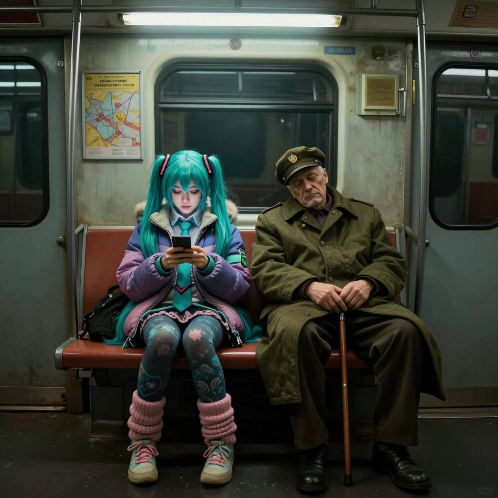 surreal urban moment inside a dimly lit Eastern European subway train, young girl with vibrant turquoise twin-tail wig styled like an anime character, wearing layered winter clothes â puffy jacket, patterned tights, leg warmers and pastel sneakers 