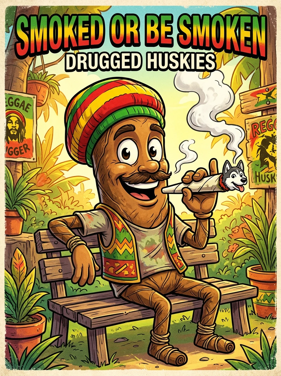Anthropomorphic blunt with human features smoking a blunt with a husky head at the top, wearing rastafari colors and clothing, smoking, cheerful and humorous, vibrant cartoon style, detailed illustration, text overlay "SMOKED OR BE SMOKEN DRUGGED HUS