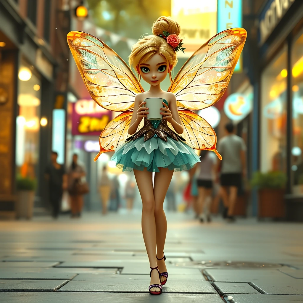 ,Full body shot of a whimsical fairy girl walking through a Montreal city street, entire figure visible from head to toes, long elegant legs fully shown, delicate translucent butterfly wings with golden veins, holding a coffee cup, big expressive eme