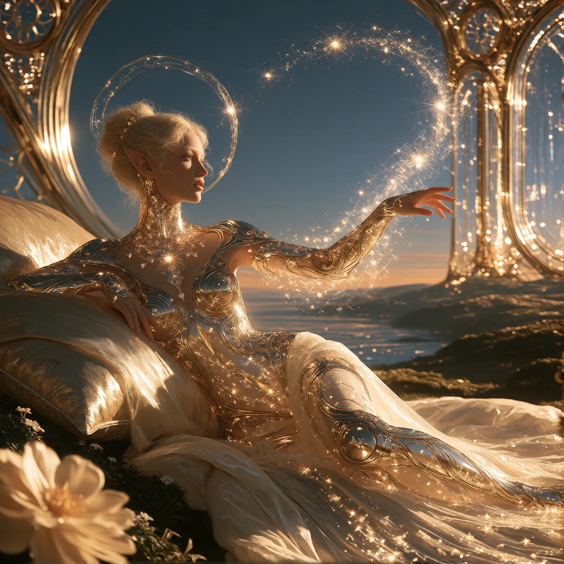 PoseDaal, A twilight elf of noble blood reclines in a golden pavilion of glowing crystal panels, her arms wrapped in chrome latticework that shifts like water as she moves. Her soft features are framed by a luminous halo of floating drones that orbit