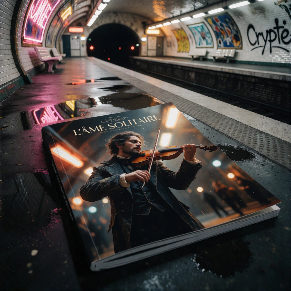 The cover of a high-end magazine lies flat on the cold, damp floor of a deserted Parisian metro platform; the cover features an ultra-detailed photogr