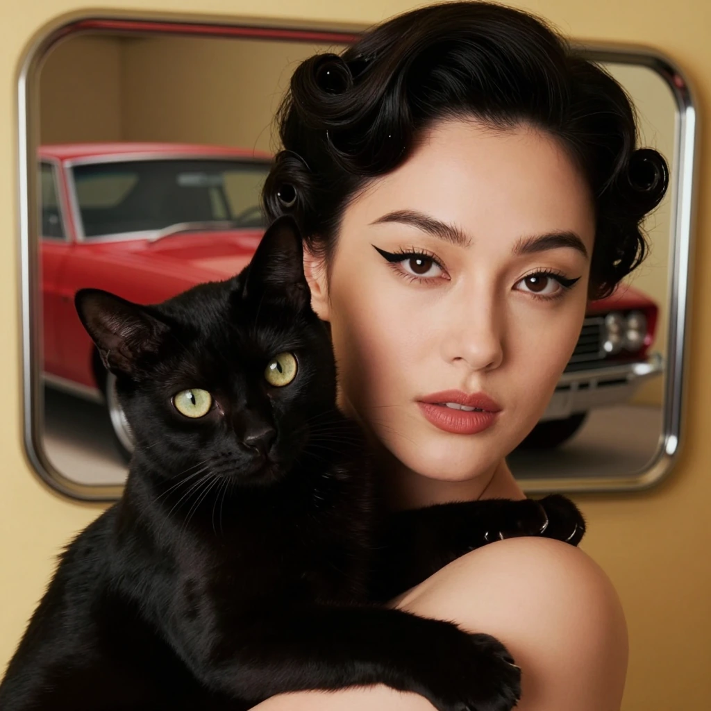 Close-up portrait of a elegant woman with winged eyeliner and victory rolls, a sleek black cat draped across her shoulders, background showing a cherry-red 1960s muscle car reflected in a chrome mirror, warm tungsten lighting