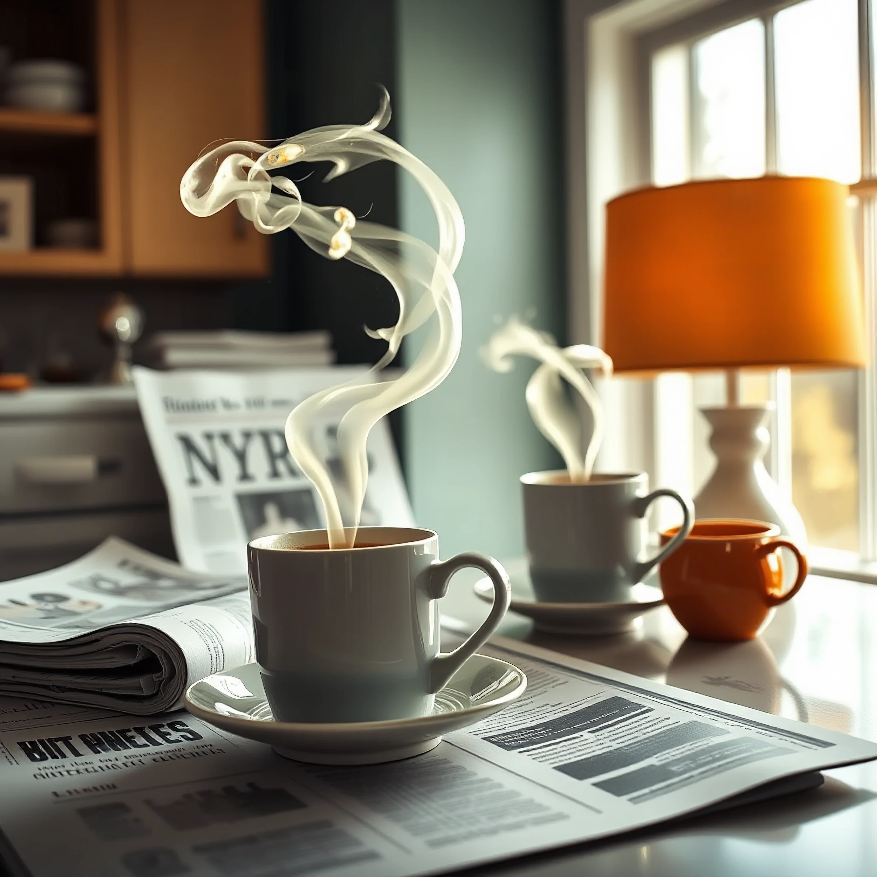 A surreal Monday morning scene where gravity has tilted slightly off-axis, coffee steam spiraling upward in impossible defiant curves and twisted heli