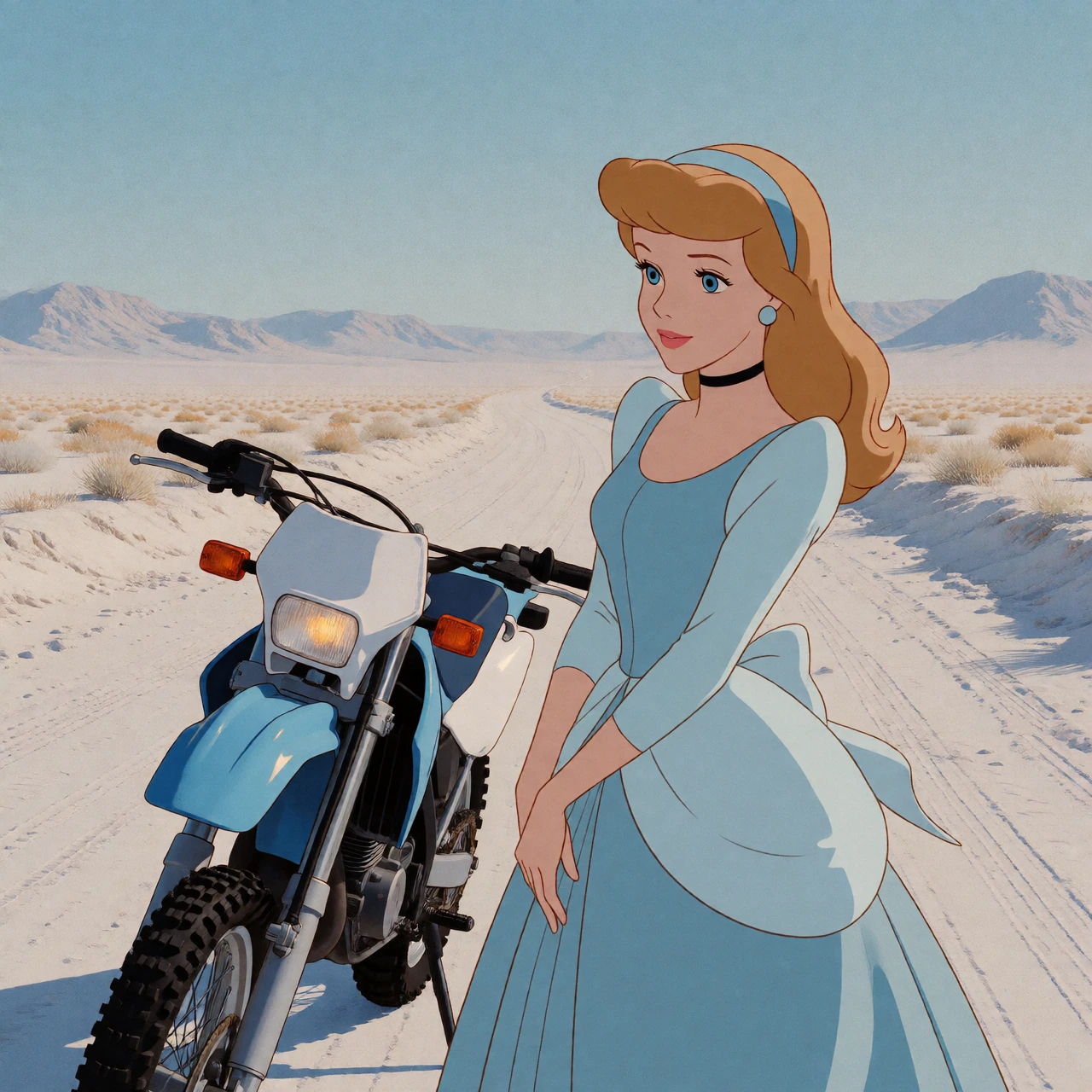 Retro cel animation style, [cinderella] in a desert road standing next to a dirtbike ], hand-painted background, visible cel lines, muted [light blue] and [white] palette, soft grain, gentle lighting, expressive character design, vintage animation fr
