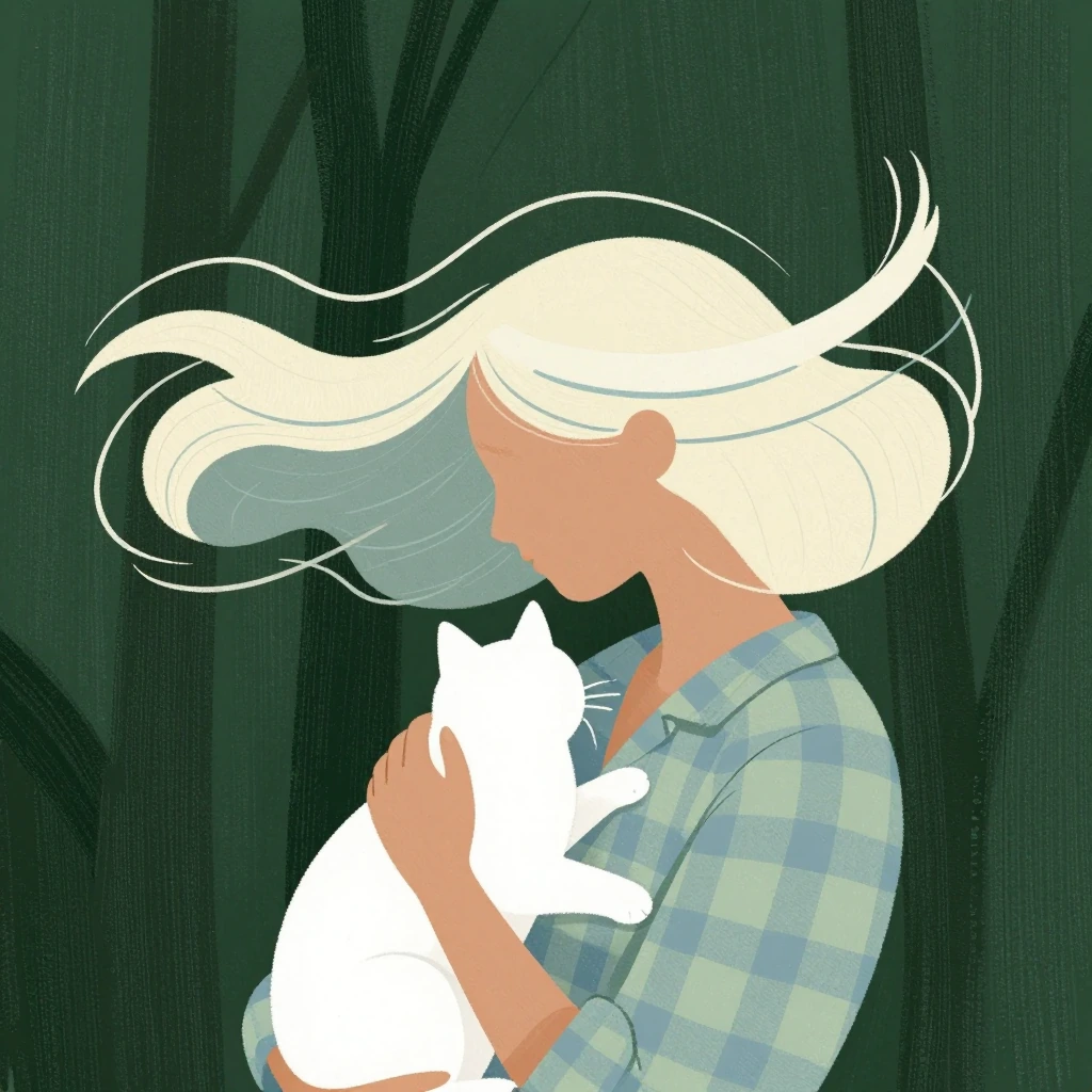 Minimalist flat-color ilustration depicts a woman with tan skin and a white cat. The woman wears a blue and light green checkered shirt, holding the cat close to their chest with long, slender fingers. Both subjects have ethereal, flowing, ribbon-lik