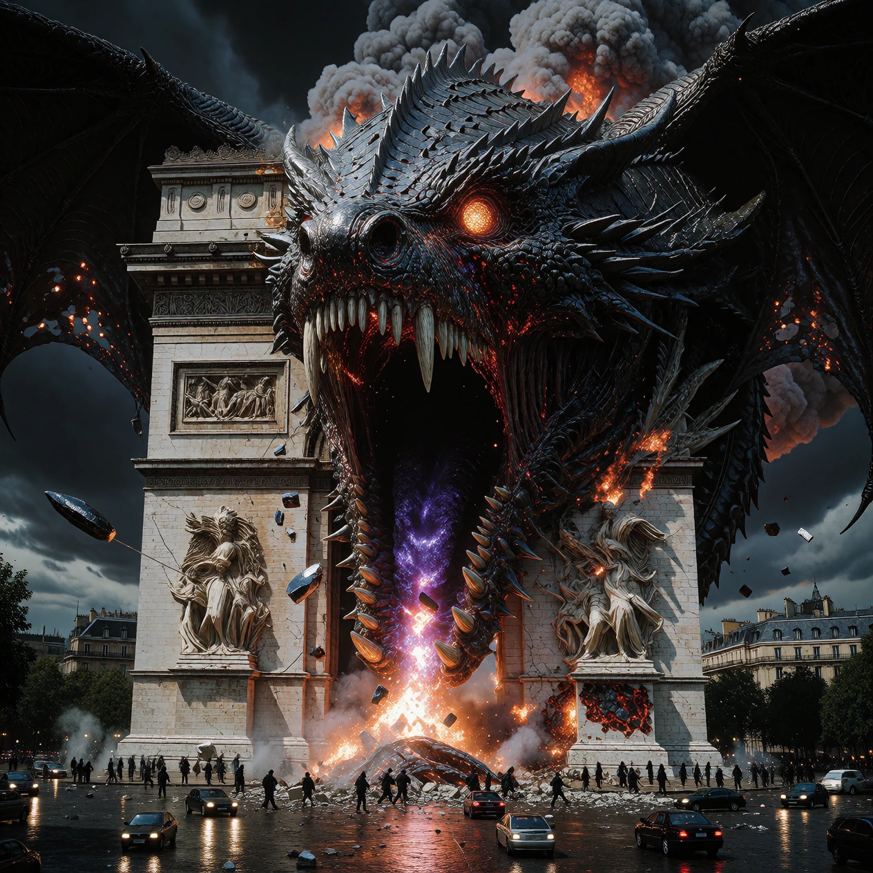 A wide, cinematic shot of the Arc de Triomphe in Paris, undergoing a transformation that is both terrifying and spectacular. The stone monument is no longer lifeless; it is violently warping to become a colossal, living entity, akin to a chimera, def