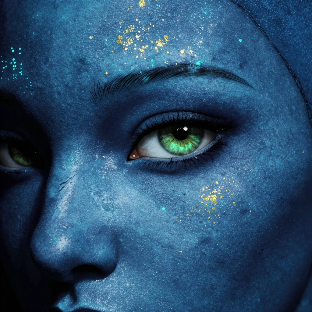 A photorealistic extreme close-up portrait of a blue-skinned humanoid alien face, filling the frame with one eye centered. The skin shows highly detai