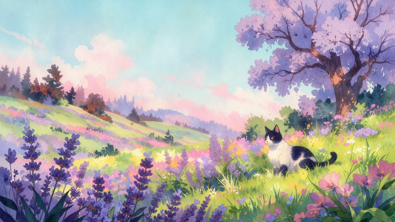 beautiful outdoor landscape with soft watercolor painting aesthetic, loose brushwork and paper texture. lavender, turquoise, and pink color palette blending through sky and foliage. serene natural scene with wildflowers, gentle rolling hills, soft di