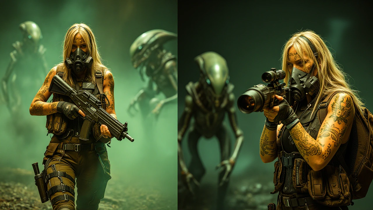 Blonde woman with golden skin tattoos on her face and arms wearing a breathing mask on her lower face walks through a toxic green cloud on an Alien Pl