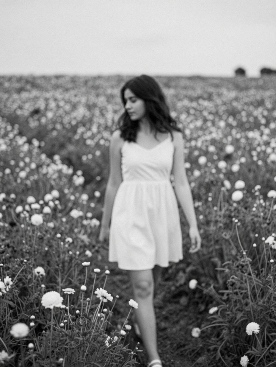 monochrome girl walking through field of colorful flowers