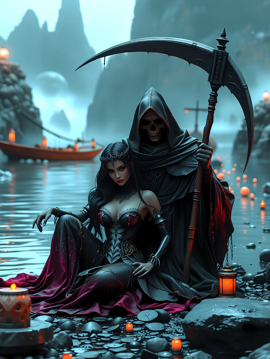 Beautiful woman with the Grim reaper on the River Styx