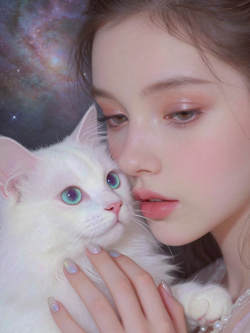 Very close-up artistic portrait of a woman and a cat, intimate framing with the woman’s face and hands near the lens, elegant iridescent fingernails with an interstellar sheen, the cat also iridescent and absolutely gorgeous, both bathed in beautiful