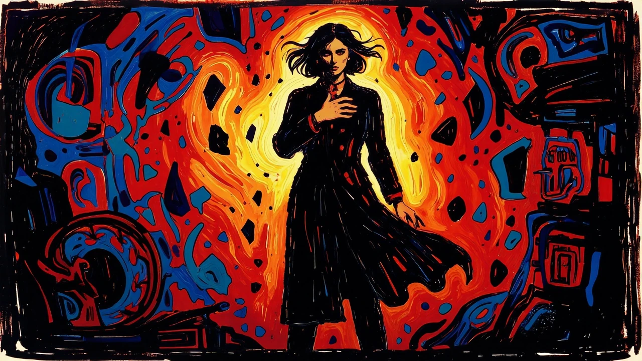 Cinematic framed keyframe in a bold, unorthodox, hand-drawn avant-garde style blending Abstract Expressionism and Fauvism. Thick, imperfect, expressive ink lines with visible brush texture, raw edges, and slight roughness. Strong gestural mark-making