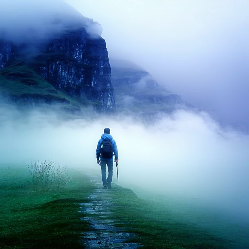 ethereal dreamscape with lone traveler, atmospheric mist, character emotion