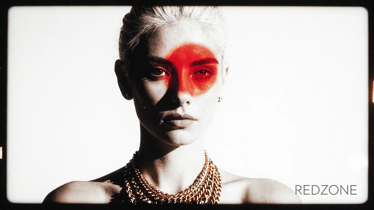 a beautiful woman with white hair and golden necklaces, in the style of surreal digital art and photography, there is a red sun in the middle of her f