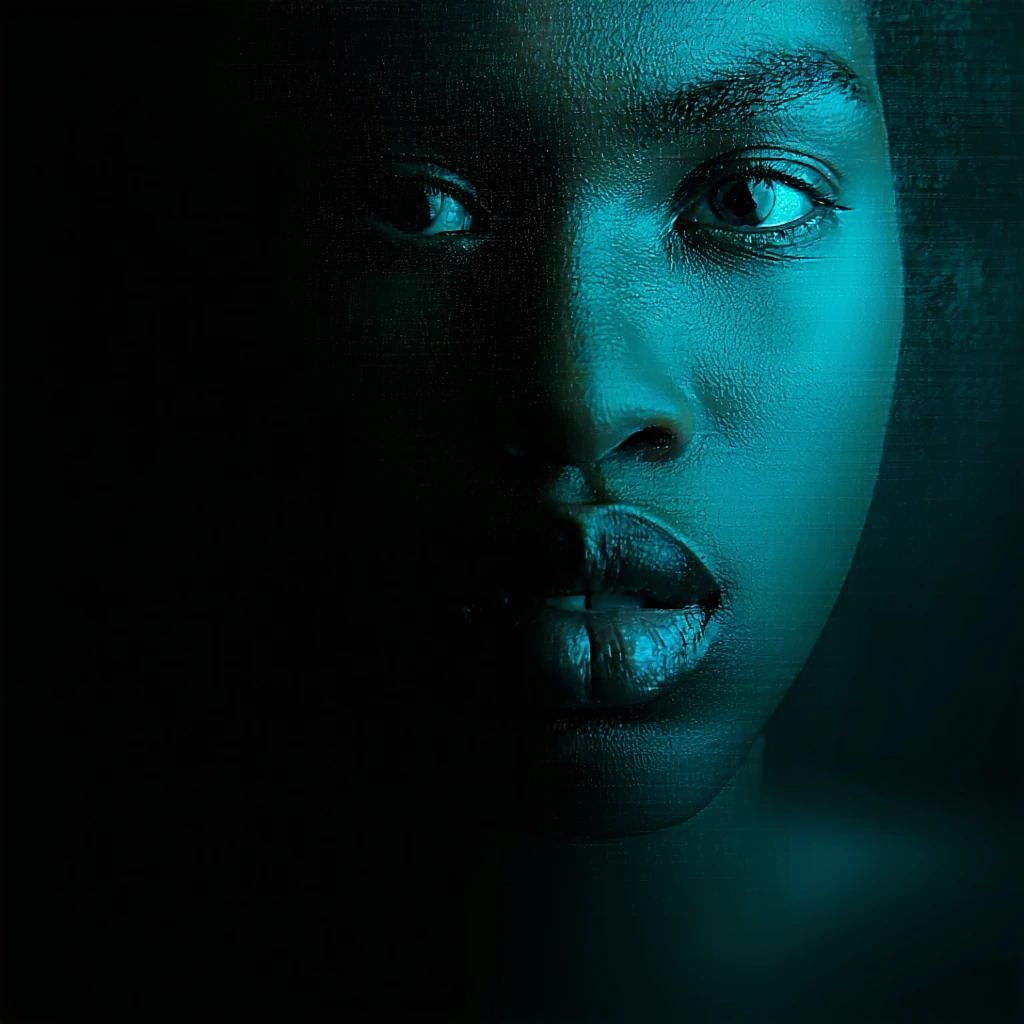 close-up portrait showing raw emotion, film grain, moody atmospheric depth