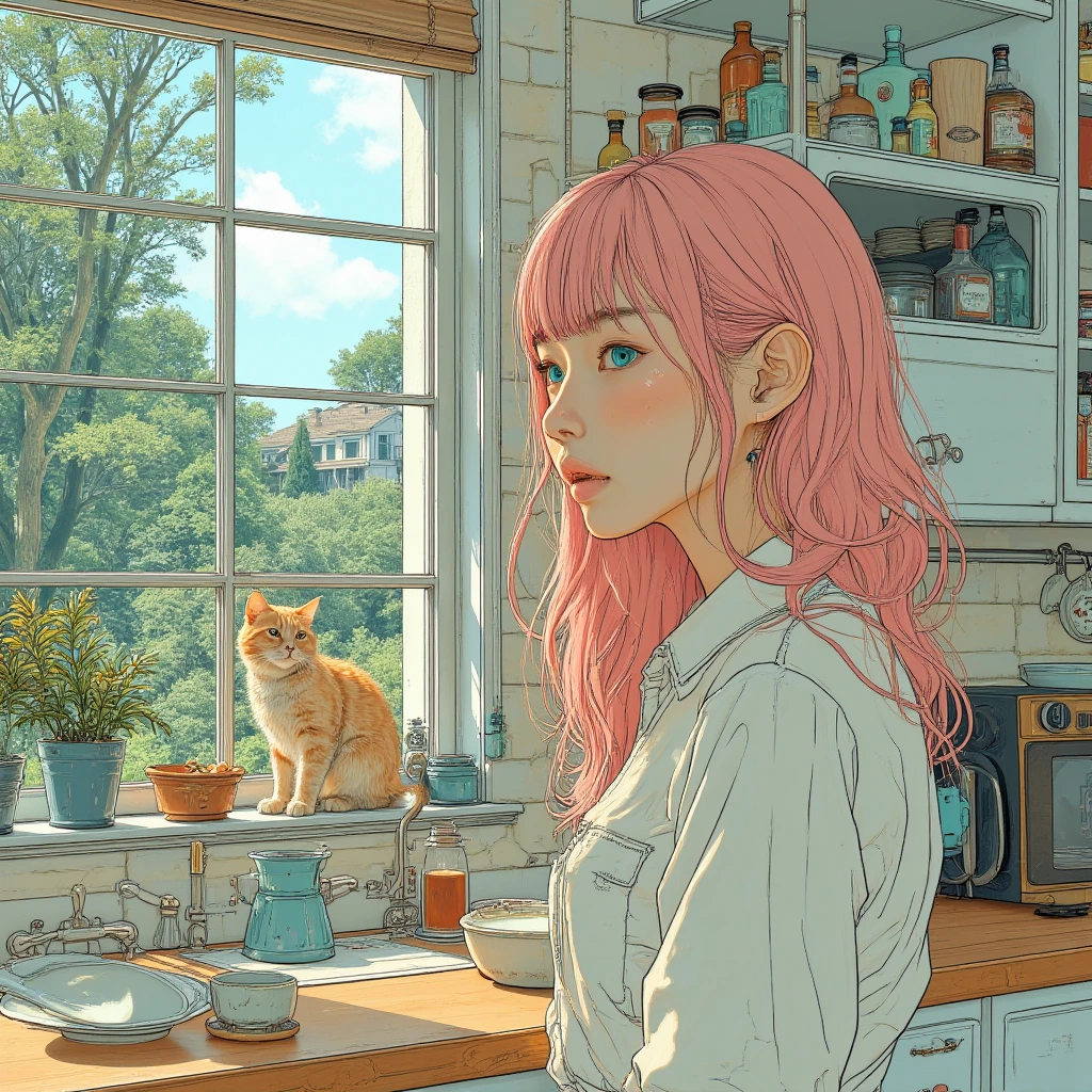 Beautiful woman, bright, turquoise, eyes, pink hair with bangs, with a cat in her kitchen, beautiful picture window looking outside