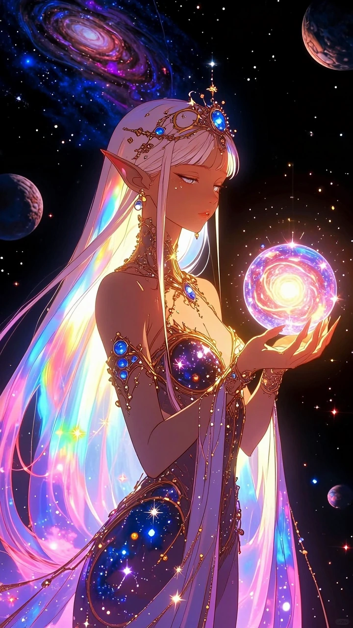 An enchanting otherworldly elfin woman with pointed ears and an ethereal presence, long flowing hair glowing like a vibrant cosmic nebula with iridesc