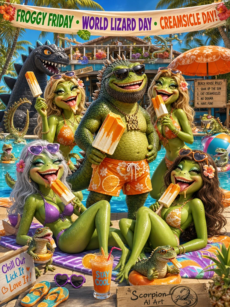 Froggy Friday • World Lizard Day • Creamsicle Day 🐸🦎🍊 Create a whimsical, colorful, laugh-out-loud beach-house pool party celebrating Froggy Friday, World Lizard Day, and National Creamsicle Day. Feature five adorable anthropomorphic frogs and lizard