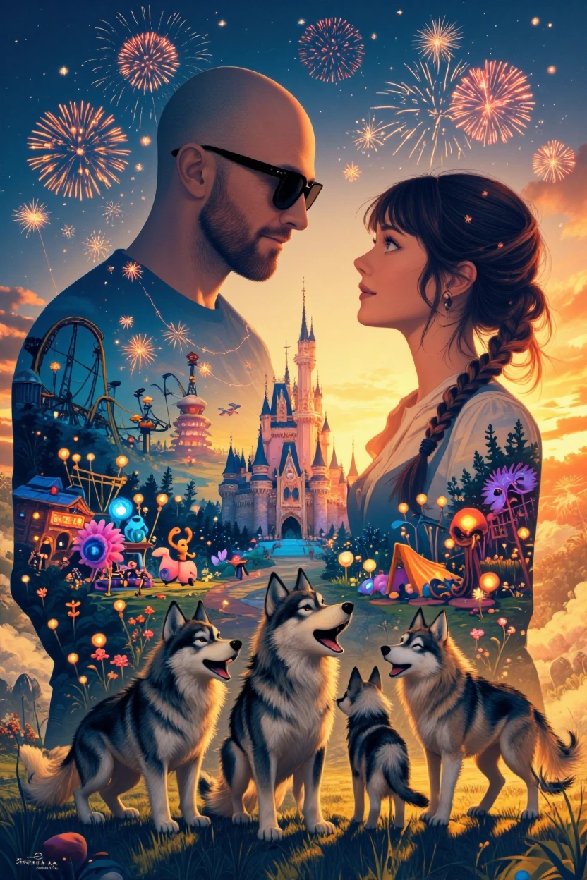 Double exposure portrait of a bald man with a trimmed beard and sunglasses beside a bombshell brunette with twin braided tails, surrounded by their jo