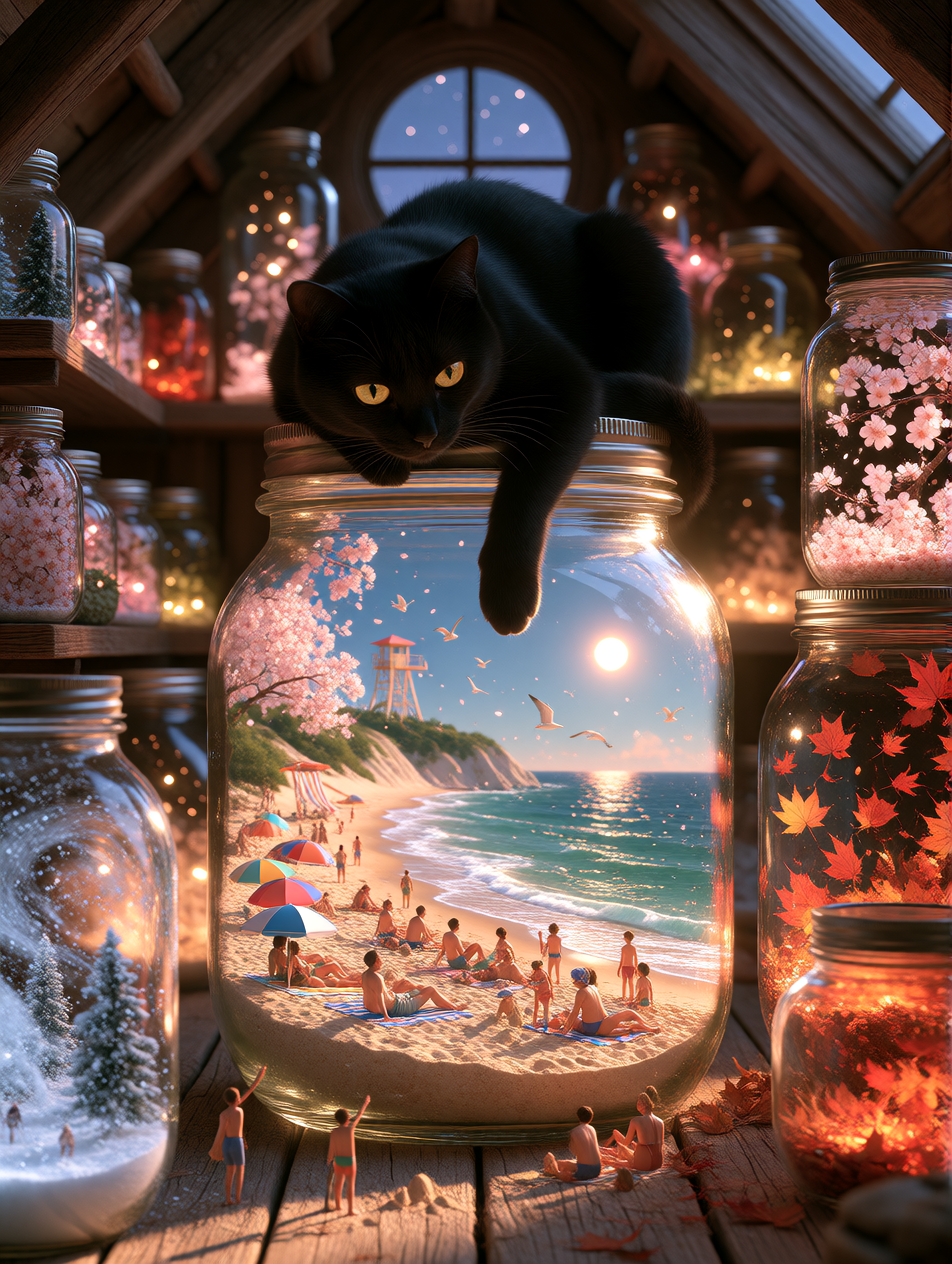 A dusty, dreamlike attic under slanted wooden rafters, with tall shelves crowded with glass mason jars, each one holding a whole season in miniature: a jar of swirling snow and a tiny frozen pine forest, a jar of cherry blossoms drifting in pink spri