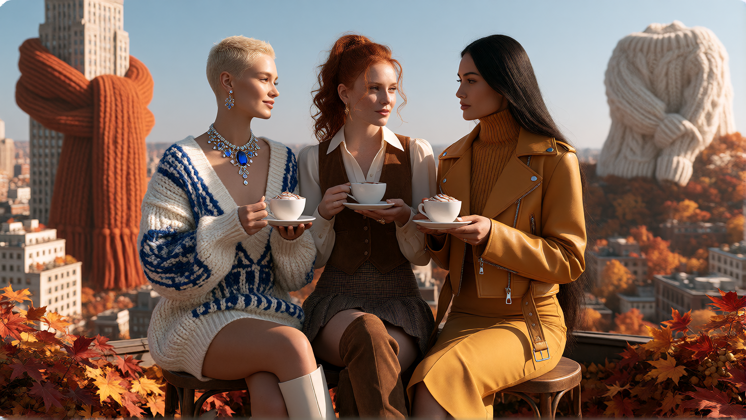 Photorealistic image of a trio of young supermodels having a cup of hot chocolate at a rooftop Coffee Bar overlooking a city where all the Buildings have been covered in Autumnal Clothing, a skyscraper is draped in an orange scarf, another building h