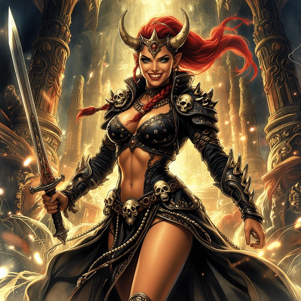 A gorgeous female Orc warrior dual wielding scimitars. ornate bone armor with skulls for shoulder pads, black fabric underneath armor, braided red hai