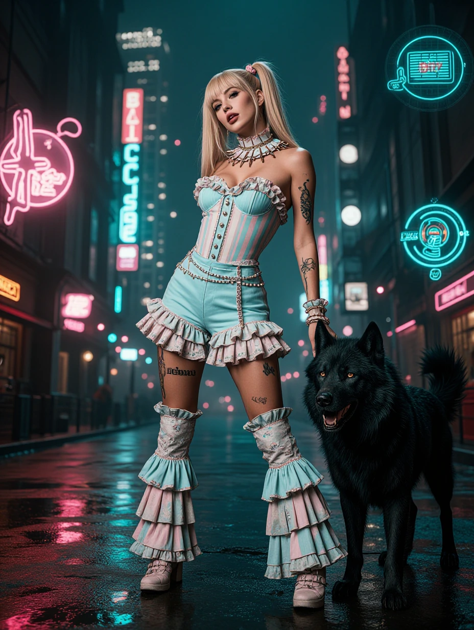 Woman blonde hair in high pigtails ,1970s style frilly bellbottoms and tube top with ruffles and stripes , dark pastel Goth, with a black wolf and pas