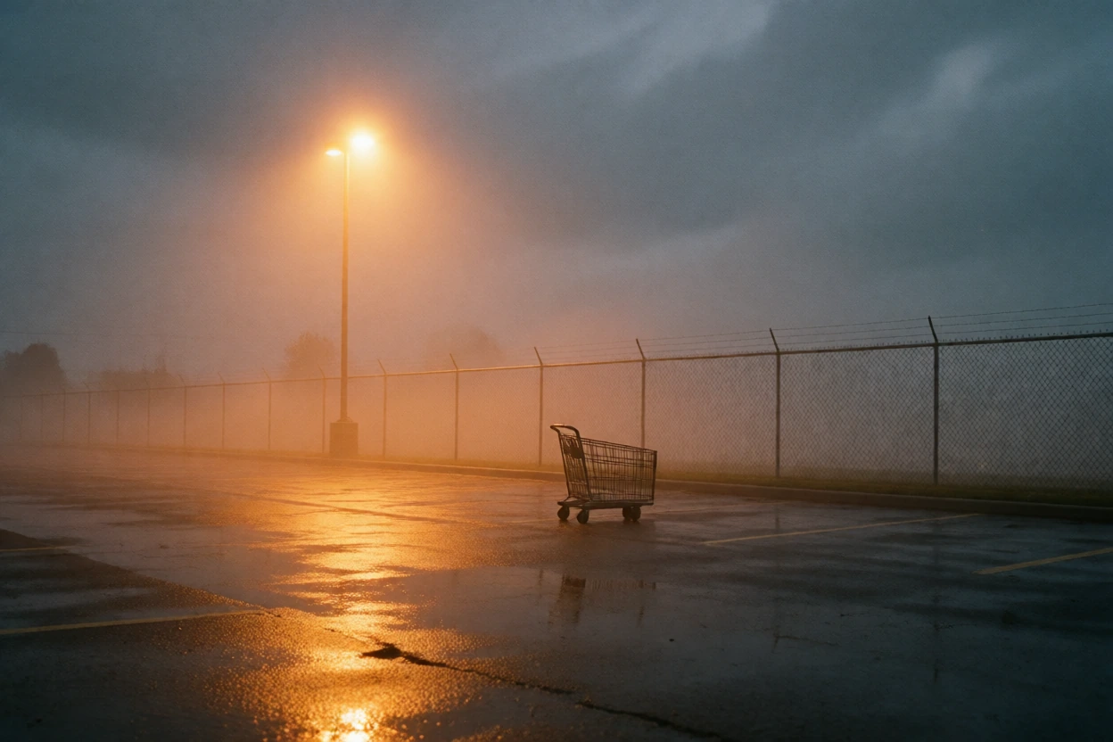 empty suburban parking lot at 2am, single sodium vapor streetlamp buzzing orange, wet asphalt reflecting the glow, chain link fence in the middle distance, a lone shopping cart tipped on its side, low fog hugging the ground, camcorder grain, slight V